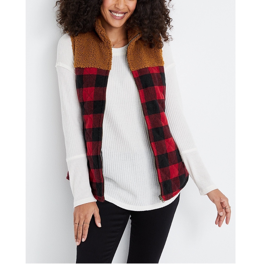🌿Final Sale Maurice’s Plaid Red Puffer Styled Sherpa Detailed Vest